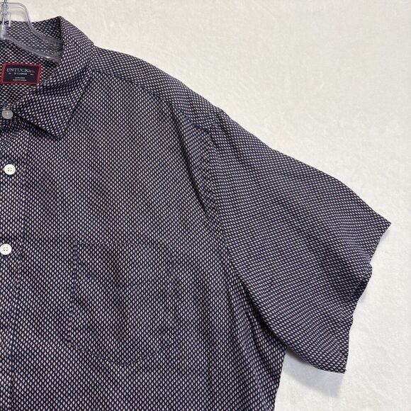 Untuckit Cadalso Button Up Short Sleeve Shirt 100% Linen Geometric Navy Size XL - Picture 9 of 16
